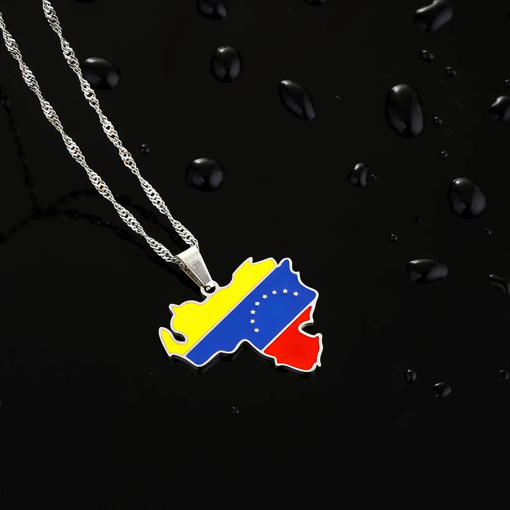 Venezuela Map Flag Necklace, Stainless Steel, Gold/Silver, Unisex