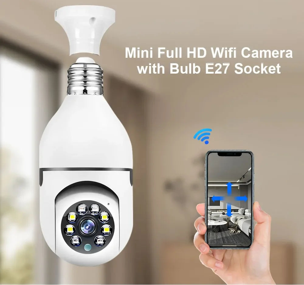 White bulb-style 5G WiFi security camera with night vision, TF card support, and auto-tracking, designed to resemble a lightbulb for discreet monitoring.