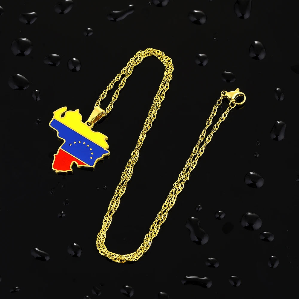 Venezuela Map Flag Necklace, Stainless Steel, Gold/Silver, Unisex