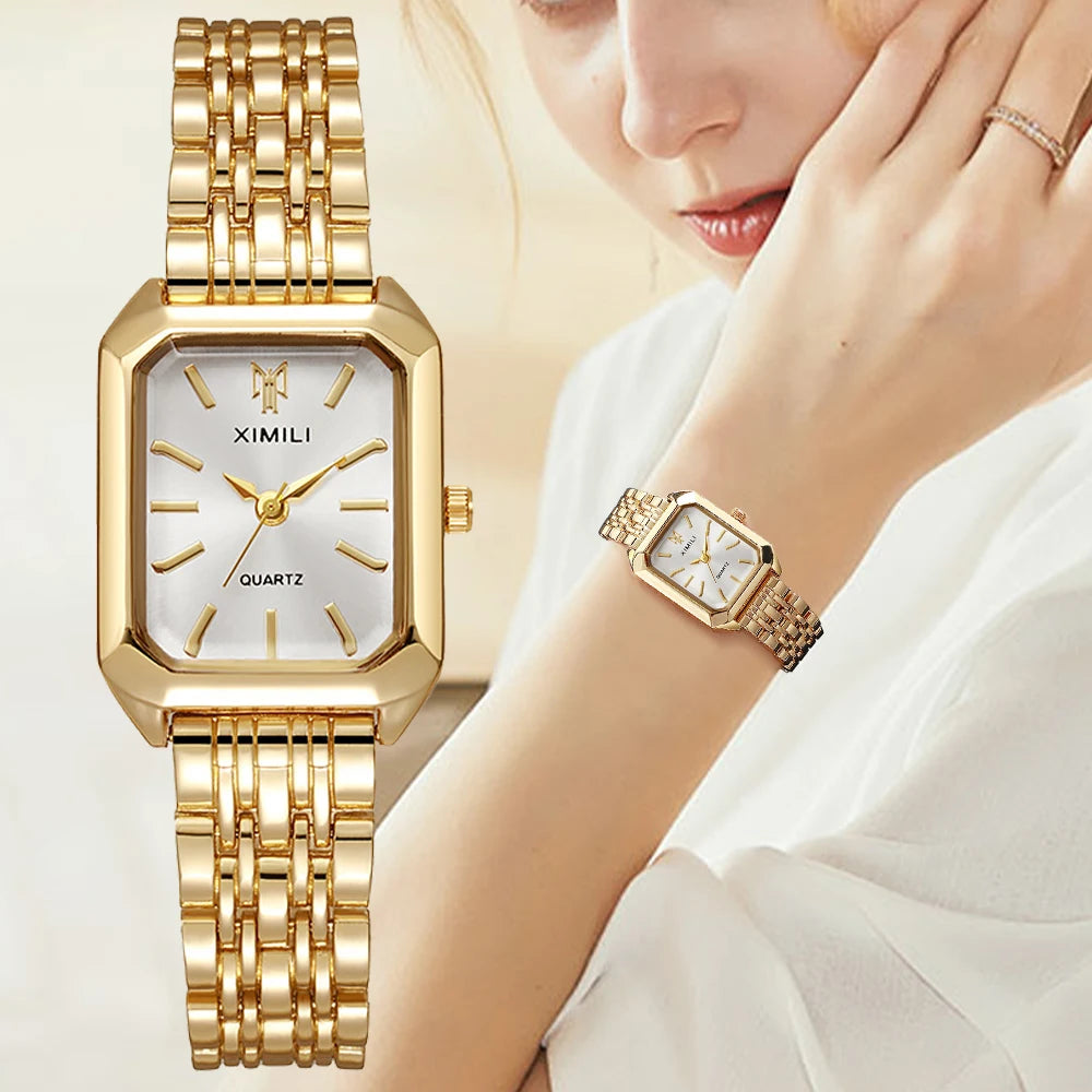 Elegant women’s gold wristwatch by XIMILI with a rectangular face and minimalist design, paired with a matching gold bracelet, modeled on a woman’s wrist.