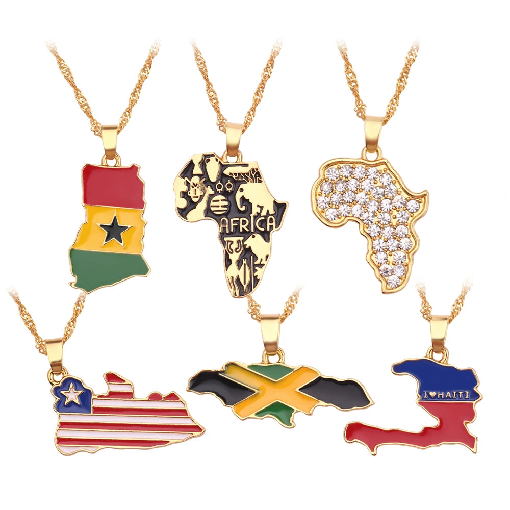 Gold-tone chain necklace featuring a colorful pendant shaped like the map of Haiti with flag colors in red, blue, and white.