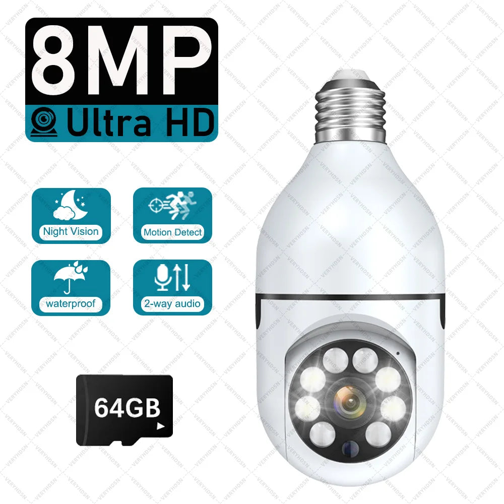 E27 WiFi Bulb Camera 8MP Night Vision Home Security Cam