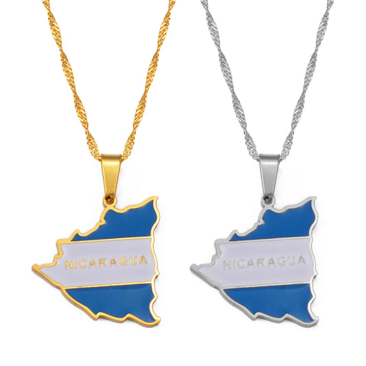 Two Nicaragua map pendant necklaces in gold and silver colors, featuring the national flag design and "Nicaragua" engraved in the center, hanging on twisted chains.