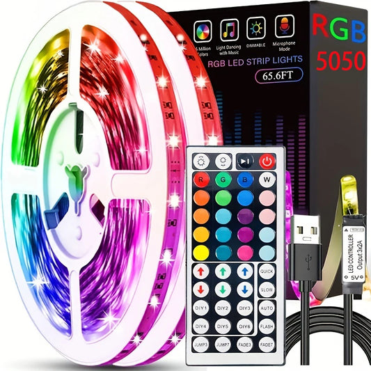 RGB 5050 LED strip lights, 65.6FT, with a 44-key remote, USB cable, and controller, in colorful packaging, for home decor
