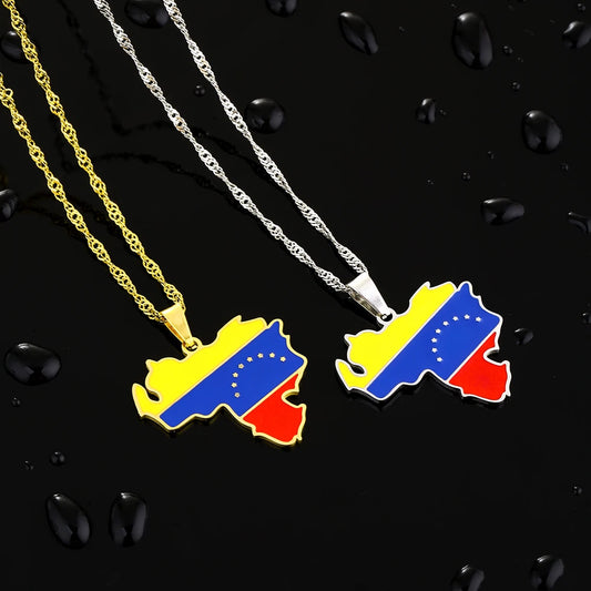Two Venezuela map pendant necklaces in gold and silver tones featuring the Venezuelan flag design with seven stars, displayed on a black background with bold link chains.