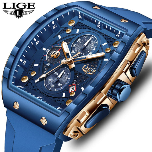 Luxury LIGE men's square chronograph watch with a bold blue silicone strap, gold accents, and multi-function dial featuring stopwatch, date, and luminous hands.