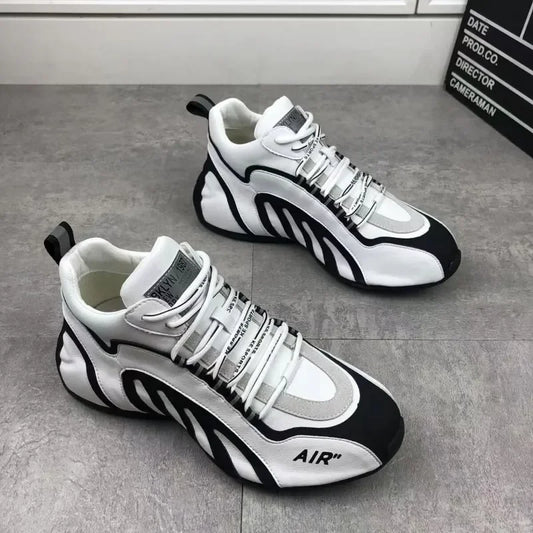 pairs of men's high-top fashion sneakers  white with bold "AIR" branding, lace-up closure, and sporty, modern design on a carpeted floor.