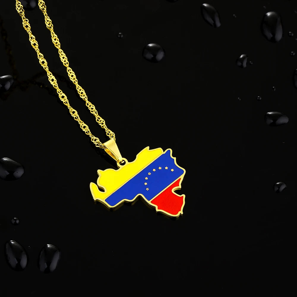 Venezuela Map Flag Necklace, Stainless Steel, Gold/Silver, Unisex