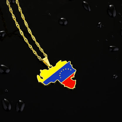 Venezuela Map Flag Necklace, Stainless Steel, Gold/Silver, Unisex