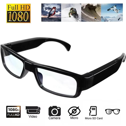 1080P Full HD smart camera glasses with built-in video recorder, designed for hands-free filming during outdoor sports and daily activities.