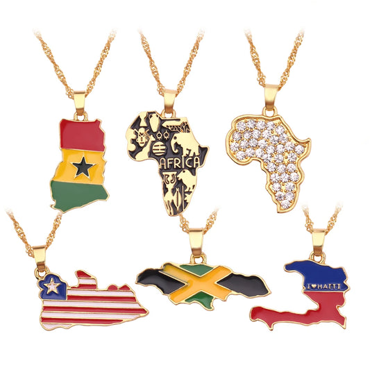 Gold-tone chain necklace featuring a colorful pendant shaped like the map of Haiti with flag colors in red, blue, and white.